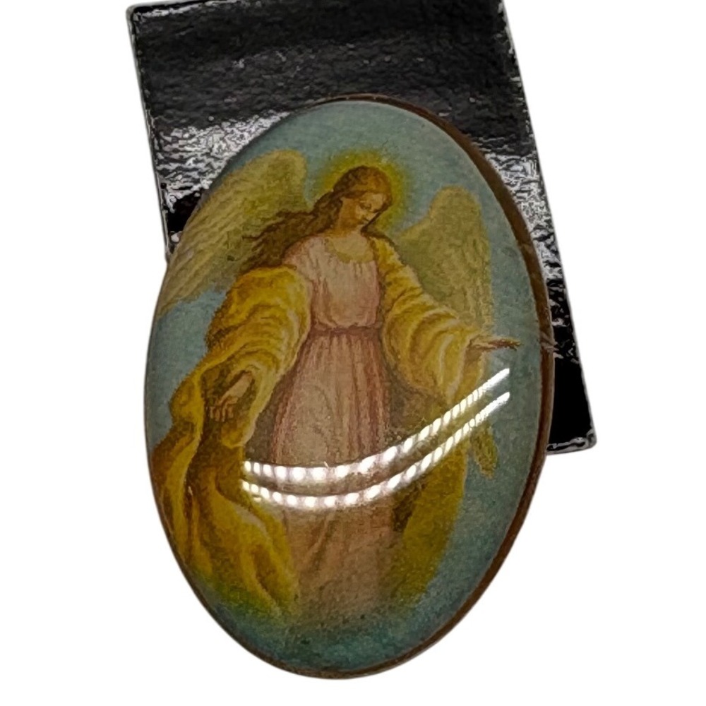 Vintage Image Angel Religious Pin Gold‎ Tone Oval Lapel Brooch Spiritual Jewelry